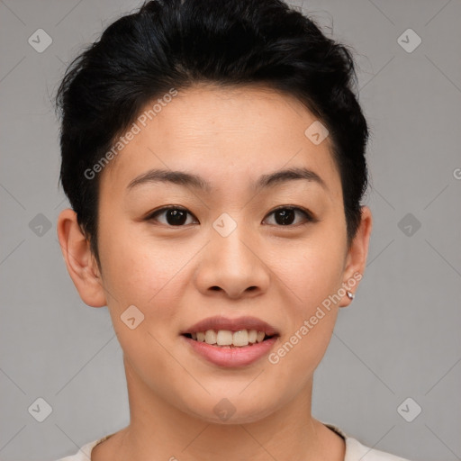 Joyful asian young-adult female with short  brown hair and brown eyes