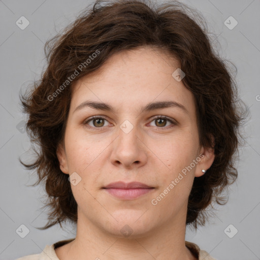 Neutral white young-adult female with medium  brown hair and brown eyes