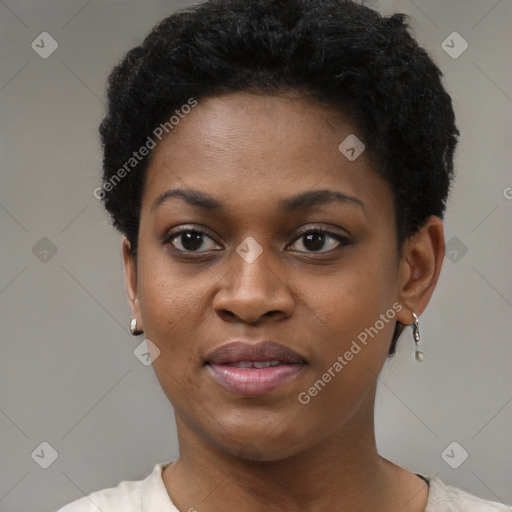 Joyful black young-adult female with short  black hair and brown eyes