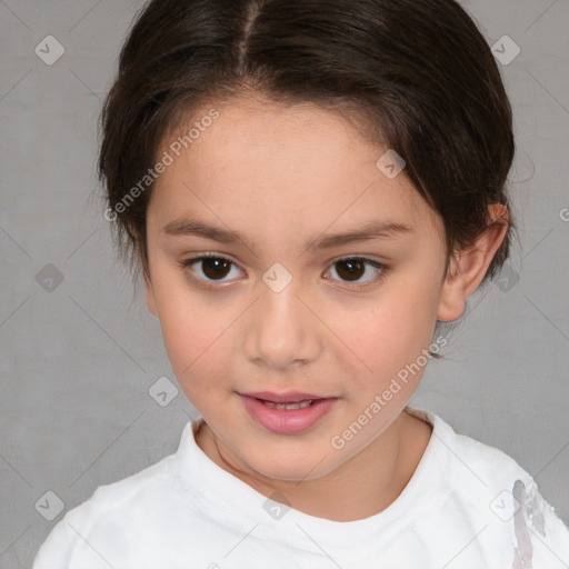 Joyful white child female with medium  brown hair and brown eyes