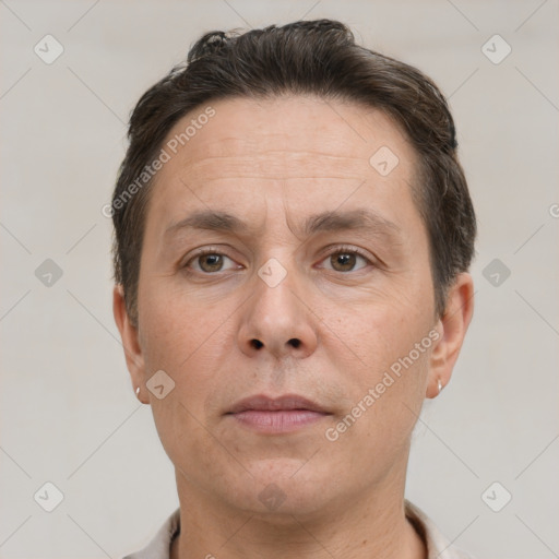 Neutral white adult male with short  brown hair and brown eyes