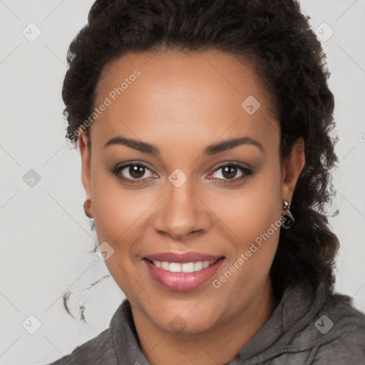 Joyful latino young-adult female with long  brown hair and brown eyes