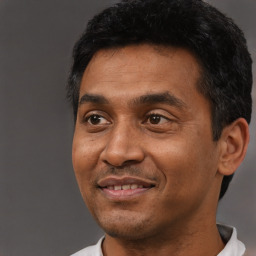 Joyful black adult male with short  black hair and brown eyes