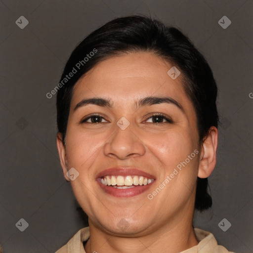 Joyful white young-adult female with short  brown hair and brown eyes