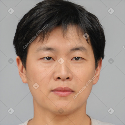 Neutral asian young-adult male with short  brown hair and brown eyes