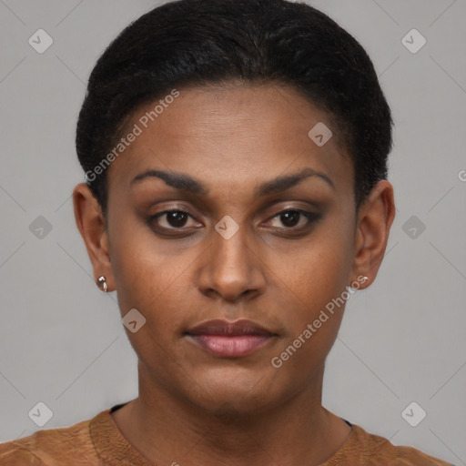 Neutral black young-adult female with short  brown hair and brown eyes