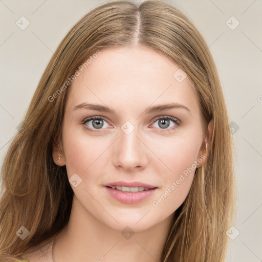 Joyful white young-adult female with long  brown hair and green eyes