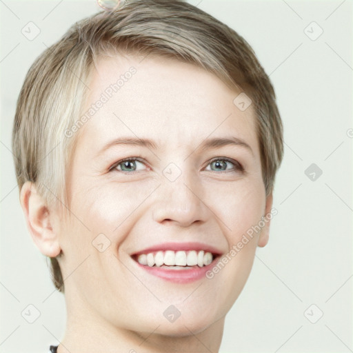 Joyful white young-adult female with short  brown hair and grey eyes