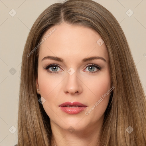 Neutral white young-adult female with long  brown hair and brown eyes