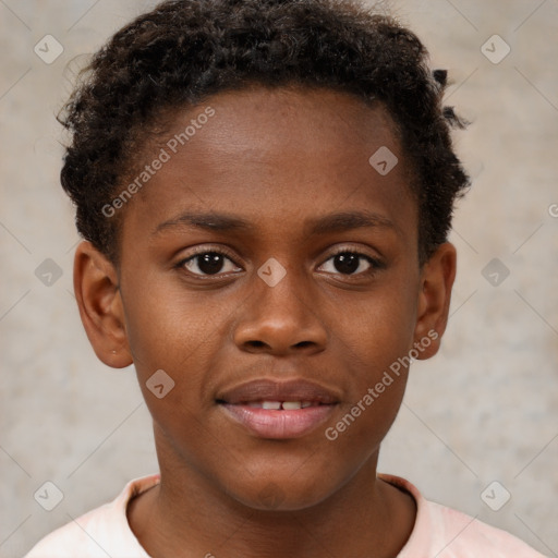 Joyful black young-adult male with short  brown hair and brown eyes