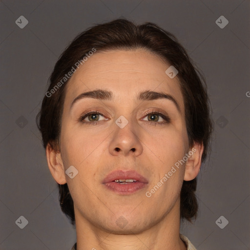 Neutral white adult female with short  brown hair and brown eyes