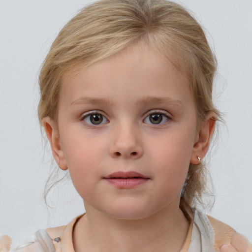 Neutral white child female with medium  brown hair and blue eyes