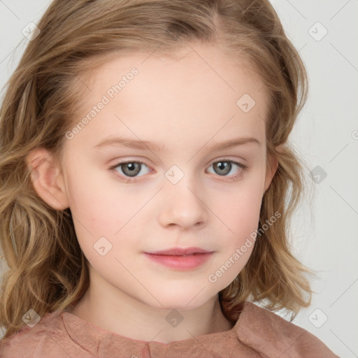 Neutral white child female with medium  brown hair and grey eyes