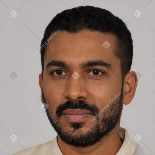 Neutral black young-adult male with short  black hair and brown eyes