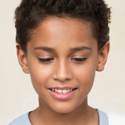 Joyful white child female with short  brown hair and brown eyes