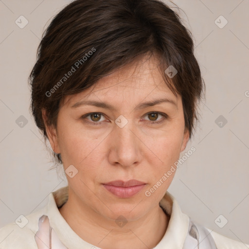 Neutral white young-adult female with medium  brown hair and brown eyes