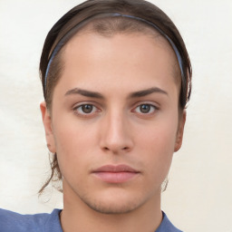 Neutral white young-adult female with short  brown hair and brown eyes