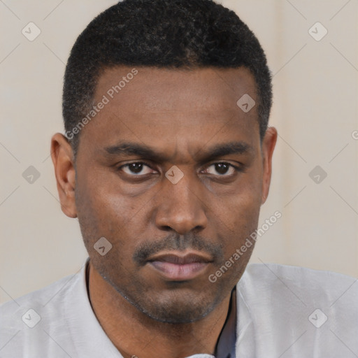 Neutral black young-adult male with short  black hair and brown eyes
