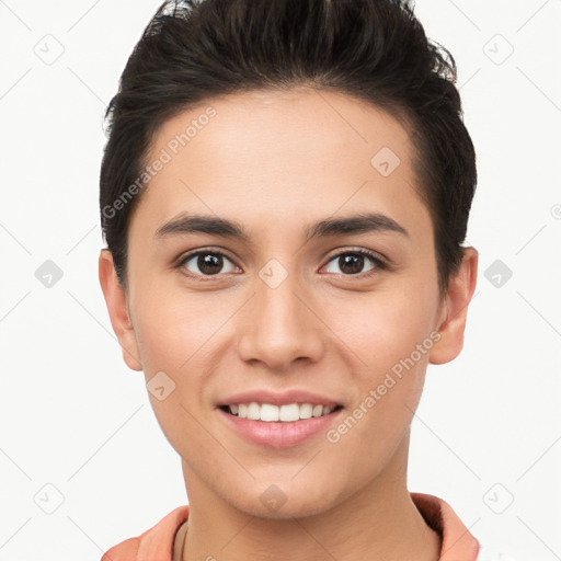 Joyful white young-adult female with short  brown hair and brown eyes