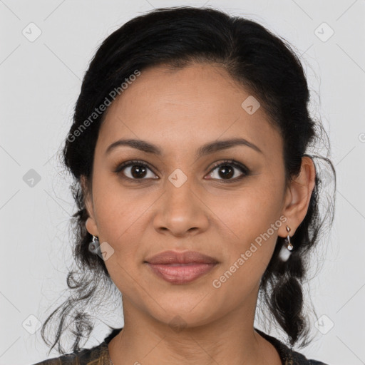 Joyful latino young-adult female with medium  brown hair and brown eyes