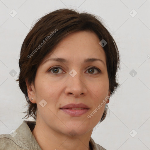 Neutral white adult female with medium  brown hair and brown eyes