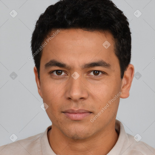 Neutral asian young-adult male with short  black hair and brown eyes