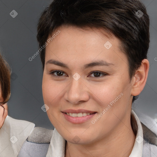 Joyful white young-adult female with medium  brown hair and brown eyes