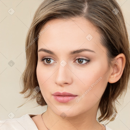 Neutral white young-adult female with medium  brown hair and brown eyes