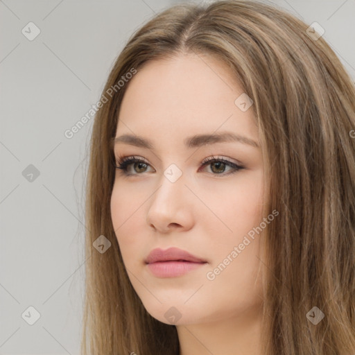 Neutral white young-adult female with long  brown hair and brown eyes