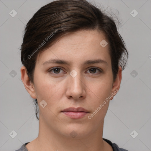 Neutral white young-adult female with short  brown hair and brown eyes