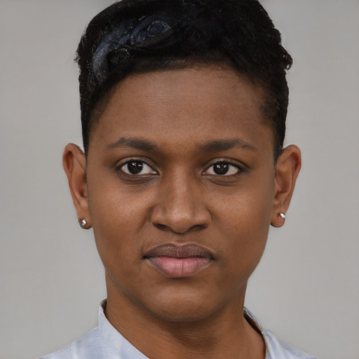 Joyful black young-adult female with short  black hair and brown eyes