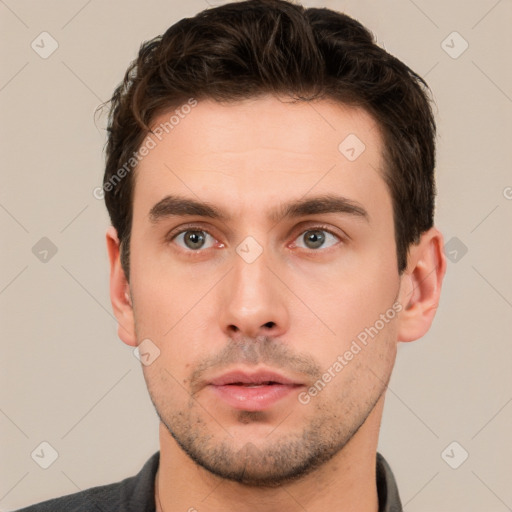 Neutral white young-adult male with short  brown hair and brown eyes