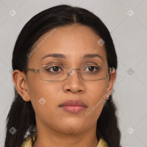 Joyful asian adult female with medium  brown hair and brown eyes