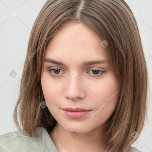 Neutral white young-adult female with medium  brown hair and brown eyes