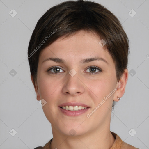 Joyful white young-adult female with short  brown hair and brown eyes