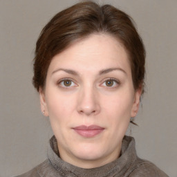 Neutral white young-adult female with short  brown hair and brown eyes