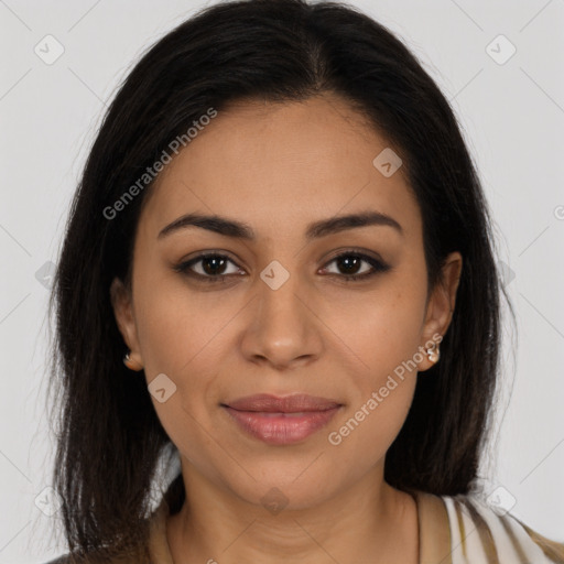 Joyful latino young-adult female with long  brown hair and brown eyes