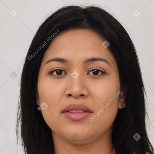 Joyful asian young-adult female with long  brown hair and brown eyes