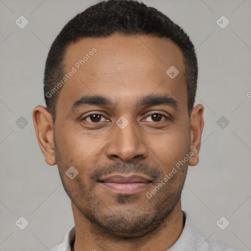 Neutral latino young-adult male with short  black hair and brown eyes