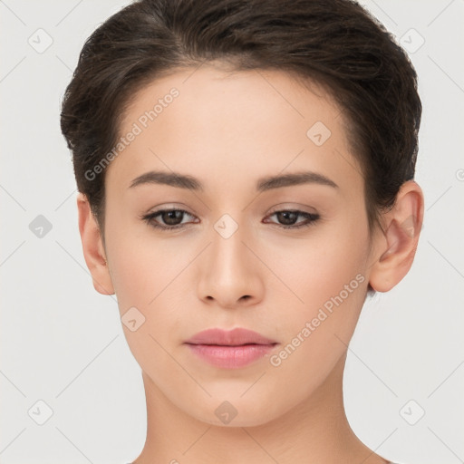 Neutral white young-adult female with short  brown hair and brown eyes