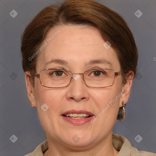 Joyful white adult female with short  brown hair and brown eyes