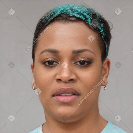 Joyful latino young-adult female with short  brown hair and brown eyes