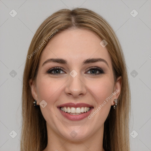 Joyful white young-adult female with long  brown hair and grey eyes