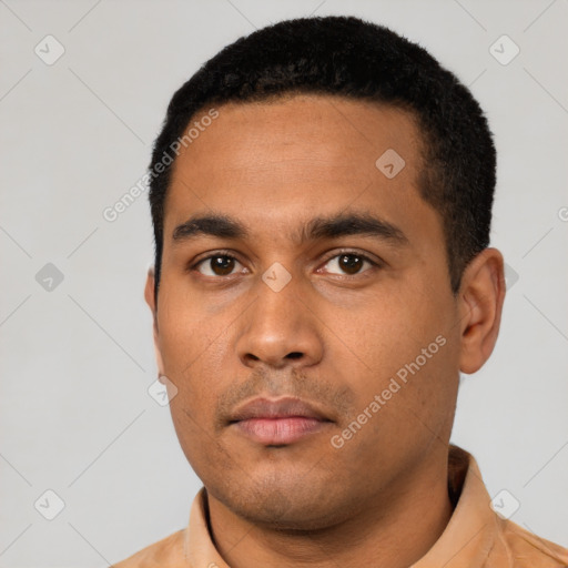 Neutral latino young-adult male with short  black hair and brown eyes