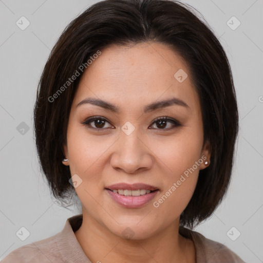 Joyful white young-adult female with medium  brown hair and brown eyes