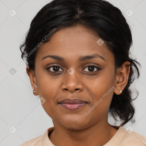 Joyful black young-adult female with medium  black hair and brown eyes