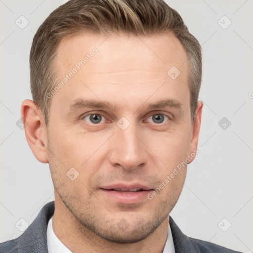 Neutral white adult male with short  brown hair and grey eyes