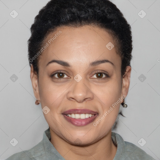 Joyful white young-adult female with short  brown hair and brown eyes