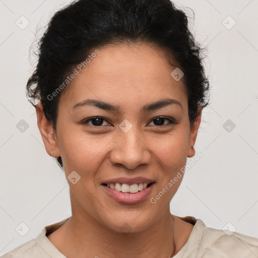 Joyful latino young-adult female with short  brown hair and brown eyes