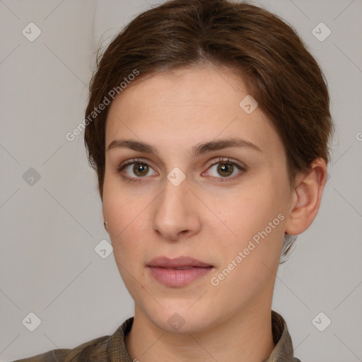 Neutral white young-adult female with short  brown hair and brown eyes